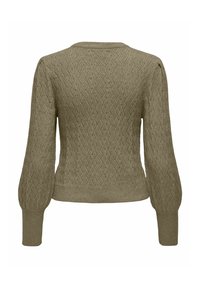 Pull en tricot vert olive à manches longues avec motif en zigzag et bords-côtes aux poignets et à l'ourlet, vu de dos.