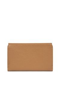 Tan leather wallet with a textured finish, rectangular shape, and clean, minimalistic design. Features a smooth zipper closure.