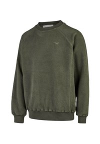 Olivgrüner Fleece-Sweatshirt mit strukturierten Oberflächen, gerippten Bündchen und Rundhalsausschnitt. Mit einem dezenten Logo auf der Brust.