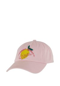 Rózsaszín pamut baseball sapka hímzett citrom dizájnnal, zöld levéllel és rózsaszín "Lemon Spritz" szöveggel, ívelt sárral.