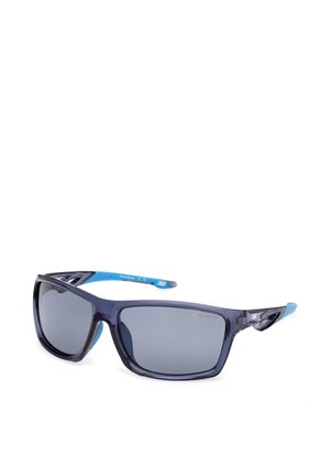 Rechteckige dunkelblaue und schwarze polarisierte Sonnenbrille mit blauen Bügelenden und Belüftungsschlitzen an den Rahmenrändern.