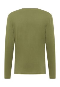 Långärmad olivgrön t-shirt i mjuk bomull, med rund halsringning och enkel, sömlös design utan grafik.