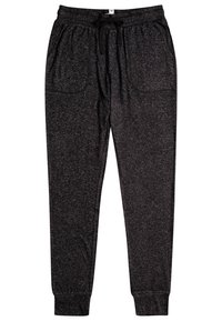 Black sweatpants made of textured fabric. Features an elastic waistband with drawstring, two side pockets, and tapered cuffs.