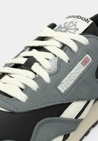 Pilki ir juodi Reebok sportbačiai turi zomšos ir tekstilės viršutinę dalį, baltus raiščius ir logotipo ženkliuką su Britanijos vėliavos akcentu.