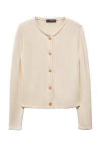 Cremfarbener Strickcardigan mit rundem Ausschnitt, dekorativem Besatz und fünf goldenen Knöpfen auf der Vorderseite, langen Ärmeln und leicht verkürzter Passform.