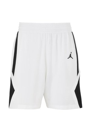 Bílé atletické kraťasy s černými bočními panely a malým černým logem Jumpman na pravé noze, elastický pas a volný střih.