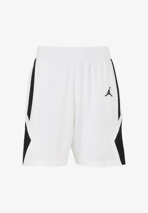 Bílé atletické kraťasy s černými bočními panely a malým černým logem Jumpman na pravé noze, elastický pas a volný střih.