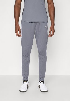 Gray athletic pants with a slim fit, featuring white side stripes and an Under Armour logo on the left thigh. Made of smooth, stretchy material.