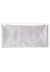 Pochette rectangulaire métallique argentée avec une surface lisse, légèrement texturée, sans bandoulières ni ornements visibles.