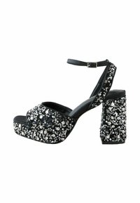 Black high-heeled sandals with an ankle strap, embellished with silver sequins, featuring a chunky heel and platform design.