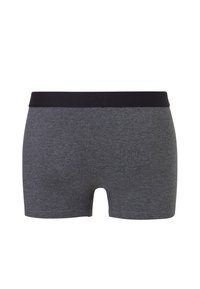 Shorts en coton gris avec une ceinture élastique noire, présentant une texture lisse et un design simple sans motifs ni embellissements.