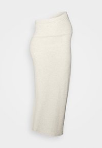 Jupe midi en maille côtelée crème, taille haute, coupe ajustée, tissu texturé, finition lisse, adaptée à divers styles.