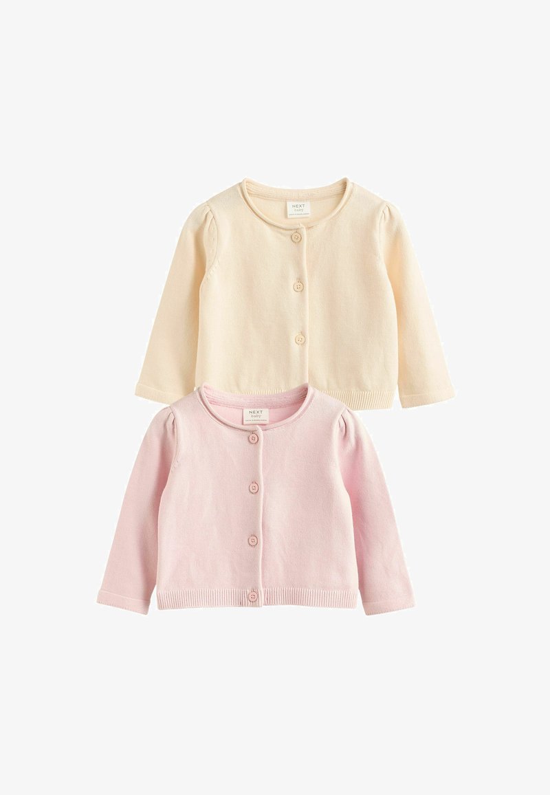 Two baby cardigans, one cream and one pink, both with long sleeves and front button closures.