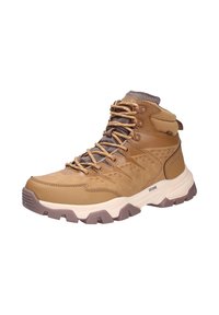 Bruine wandelschoenen met een structuur van leer en een bovenwerk van mesh, bruine veters, versterkte oogjes en een robuuste rubberen zool.