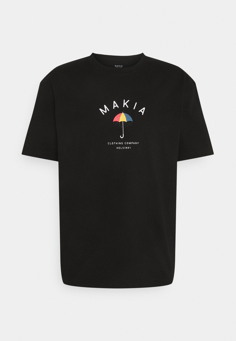 T-shirt noir à manches courtes avec col rond, avec le texte "MAKIA" au-dessus d'un parapluie coloré et "Clothing Company Helsinki" en dessous.