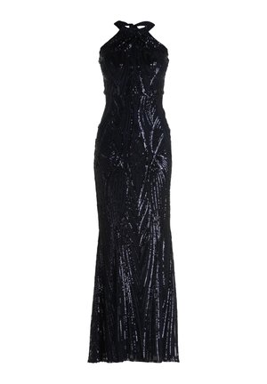 Schwarzes Abendkleid mit Halterneck und figurbetonter Silhouette, bedeckt mit schimmernden Pailletten, die geometrische Muster bilden.