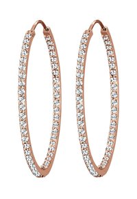 Roséguldörhängen prydda med klara, runda kristaller längs den yttersta kanten; slät, polerad yta; öppen hoop-design.