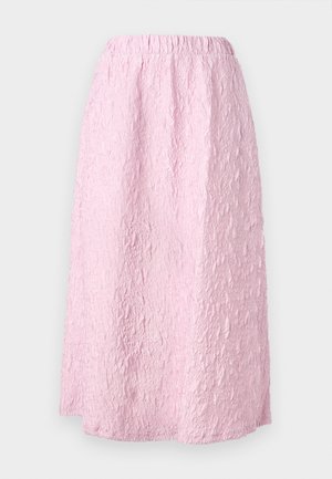 Lys rosa knelengde skjørt med en teksturert, krøllet design. Elastisk midjebånd for komfort og enkel bruk. Ingen synlige lukkinger.