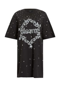 T-shirt nera oversize con borchie argentate e una grafica centrale a catena bianca che circonda la parola "AllSaints" in un font stilizzato.