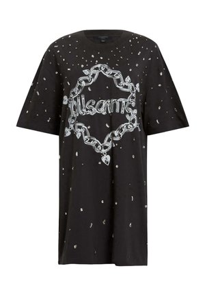 T-shirt nera oversize con borchie argentate e una grafica centrale a catena bianca che circonda la parola "AllSaints" in un font stilizzato.