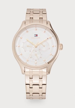 Roségoldenes Metallarmbanduhr mit einem weißen runden Ziffernblatt, drei Unterzifferblättern, goldenen Markierungen und einem verlinkten Armband im Stil einer Uhr. Mit Markenlogo.