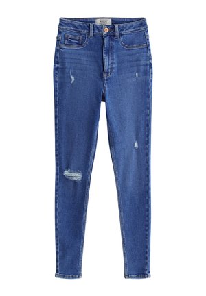 Jeans skinny in denim blu medio con vita alta, caratterizzati da dettagli strappati e due tasche anteriori. Chiusura frontale con bottone e passanti per cintura.