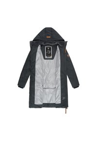 Lång mörkgrå jacka med huva, som har ett grått innerfoder, läderdetaljer och en svart etikett med blommönster på insidan.