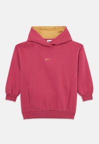 Ružová mikina s kapucňou so zlatým logom Nike, má priestrannú kapucňu, dlhé rukávy s elastickými manžetami a jemnú textúru látky.