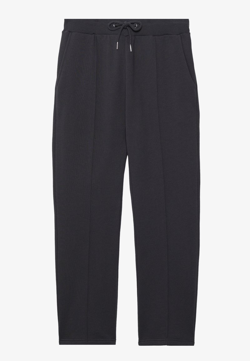 Pantalon de survêtement noir en tissu doux, avec une taille élastique à cordon de serrage, deux poches latérales et une coupe détendue et fuselée.