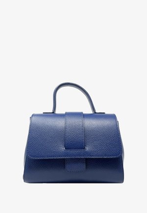 Borsa in pelle blu con forma strutturata, manico superiore e chiusura magnetica. Superficie testurizzata e design minimalista.