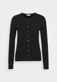 Cardigan nero con scollo rotondo, maniche lunghe e chiusura frontale con bottoni. Realizzato in materiale morbido, con dettagli di bottoni lucidi lungo la patta.