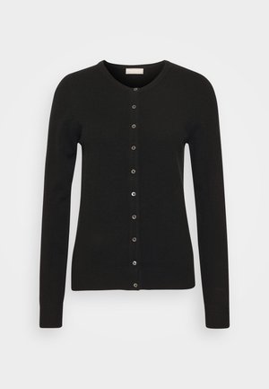 Zwarte cardigan met een ronde halslijn, lange mouwen en een knoopsluiting aan de voorkant. Gemaakt van zacht materiaal, met glanzende knoopdetails langs de sluiting.