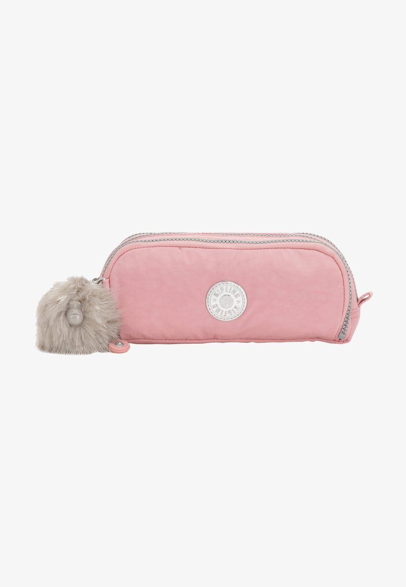 Pink pencil case with a soft gray fur charm, silver zipper, and round logo patch. Sleek, rectangular design; smooth fabric texture.
