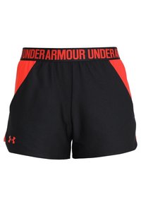 Pantalones cortos deportivos negros con paneles laterales rojos, con una cintura ancha negra con el texto "UNDER ARMOUR" en rojo. Tejido liso, ajuste holgado.