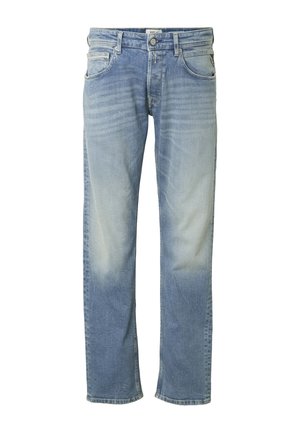 Jeans blu chiaro a gamba dritta con dettagli sbiaditi, bottone frontale e tasche, mostrati su sfondo bianco.