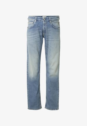 Jeans blu chiaro a gamba dritta con dettagli sbiaditi, bottone frontale e tasche, mostrati su sfondo bianco.