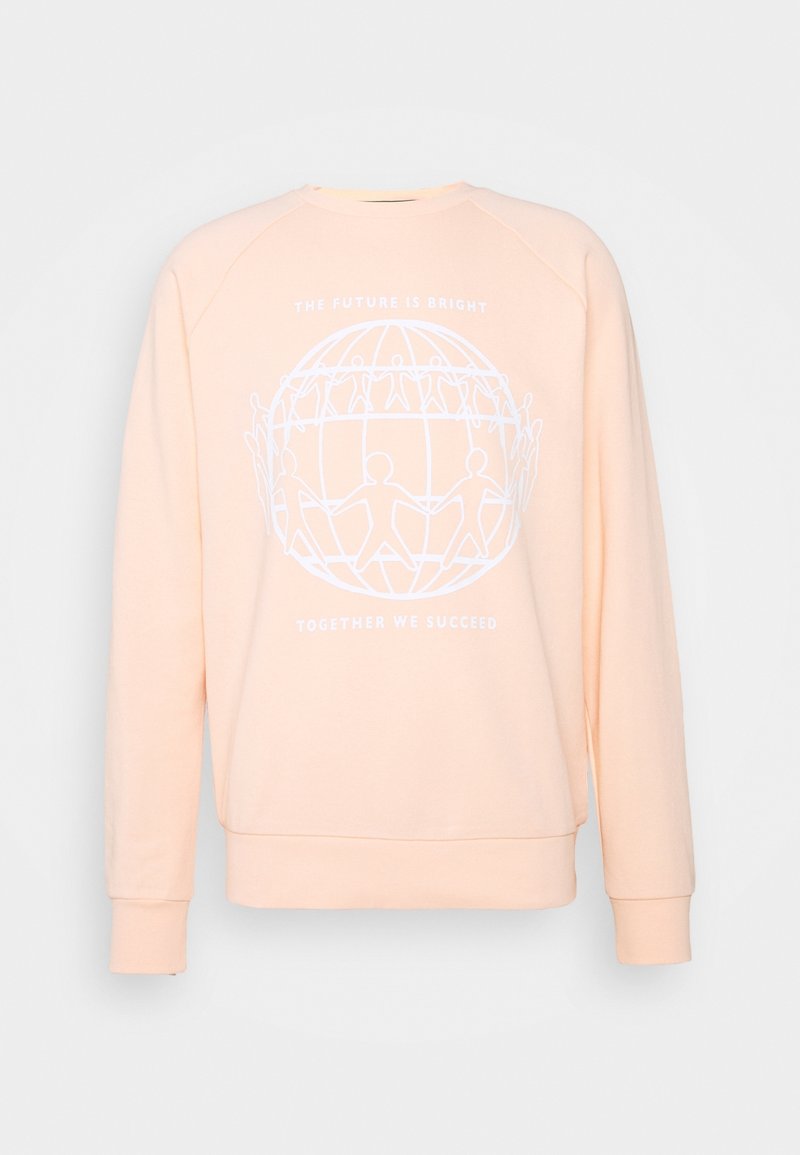 Felpa pesca con maniche raglan, con testo bianco che recita "IL FUTURO È BRILLANTE" e un design di un globo con figure che si tengono per mano.