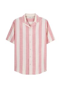 Korte mouwen overhemd met knopen in roze en crèmekleurige strepen, gemaakt van lichtgewicht stof met een zachte textuur en een kraagontwerp voor een campinglook.