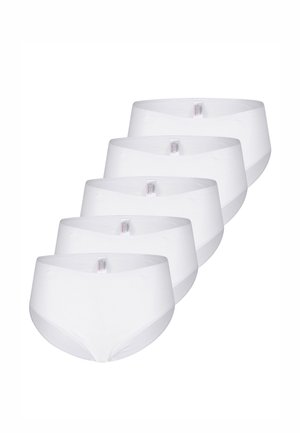 Fünf Paar weiße, nahtlose Damen-Unterhosen mit hohem Bund, diagonal gestapelt, mit sichtbaren Markenschildern im Bund.
