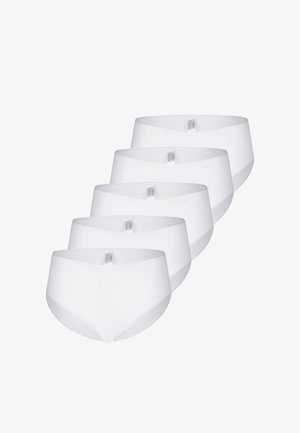 Fünf Paar weiße, nahtlose Damen-Unterhosen mit hohem Bund, diagonal gestapelt, mit sichtbaren Markenschildern im Bund.