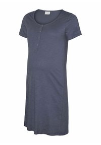 Vestido de maternidad azul marino de manga corta con escote redondo y cuatro botones en el frente.
