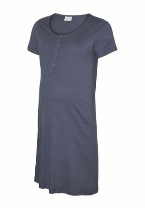 Vestido de maternidad azul marino de manga corta con escote redondo y cuatro botones en el frente.