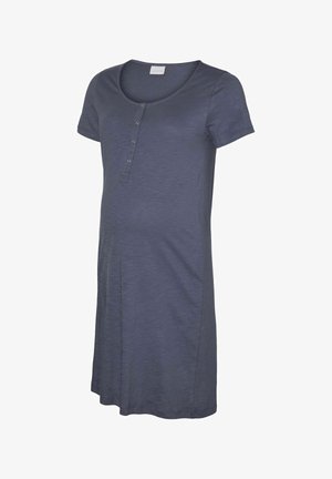 Mørkeblå kortærmet graviditetkjole med rund halsudskæring og fire knapper foran.