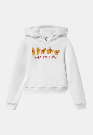 White hoodie with cartoon bears in red shirts demonstrating yoga poses above the text "Yoga every day" in red font.