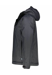 Giacca nera impermeabile con cappuccio, dotata di chiusura con zip e due tasche laterali, realizzata in tessuto leggero e morbido.
