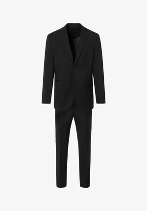 Schwarzer Anzug, bestehend aus einem maßgeschneiderten Blazer mit einer Einknopf-Verschluss und einer Hose mit flachem Frontdesign. Hergestellt aus einem glatten, gewebten Stoff.