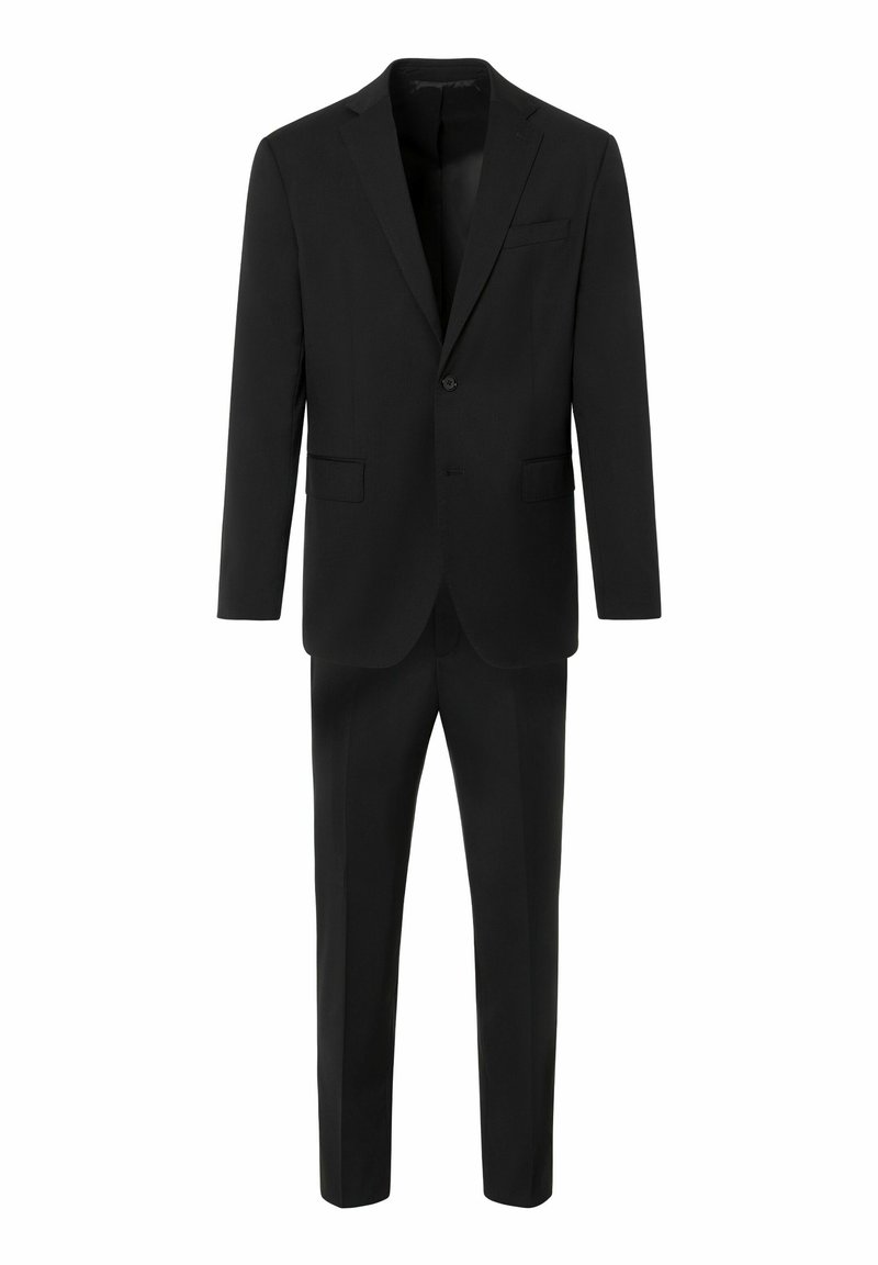 Zwart pak bestaande uit een getailleerde blazer met een enkele knoopsluiting en vlakke broek. Gemaakt van een soepele, geweven stof.