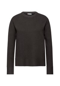 Dunkelgrauer Pullover mit Rundhalsausschnitt, gerippten Bündchen und Saum, aus strukturiertem Stoff. Klassische Passform mit langen Ärmeln und minimalistischem Design.