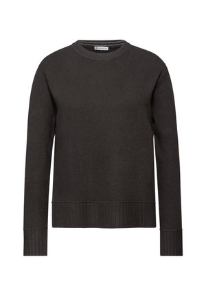 Maglione grigio scuro con collo rotondo, polsini e orlo a coste, realizzato in tessuto testurizzato. Vestibilità classica con maniche lunghe e design minimale.