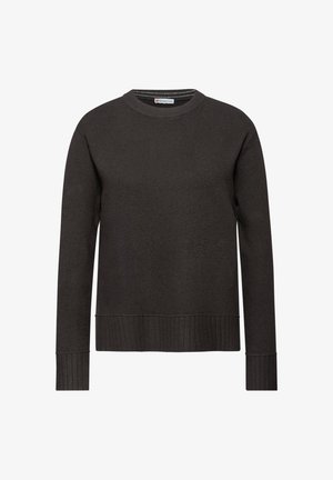 Mörkgrå tröja med rund halsringning, ribbade mudd och nederkant, tillverkad av texturerad tyg. Klassisk passform med långa ärmar och minimalistisk design.